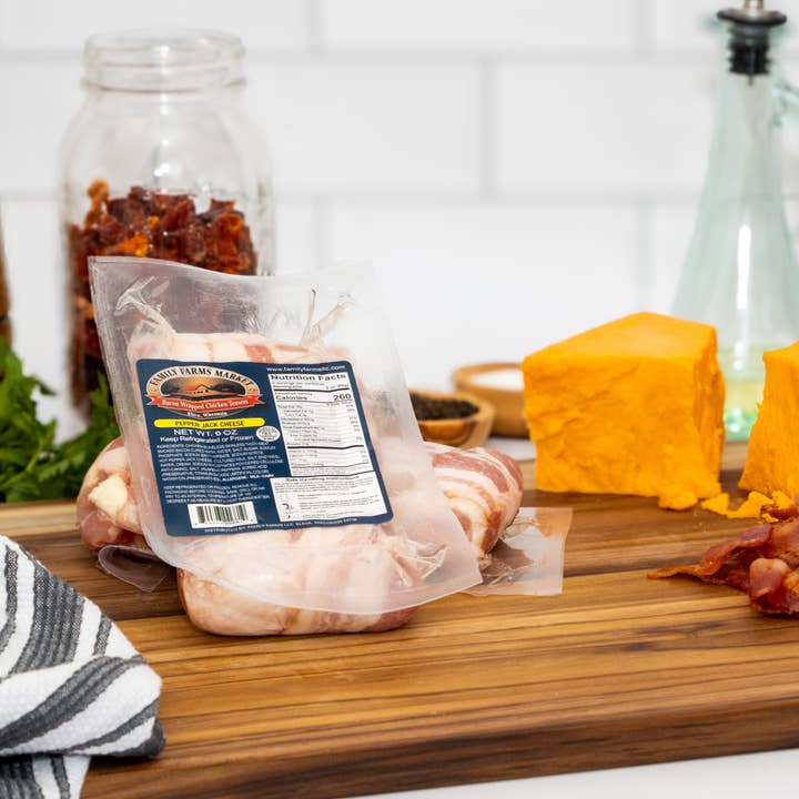 Family Farms LLC - Wholesale Chicken - Teasers - Bacon Wrapped Chicken Thigh - Cheddar Cheese