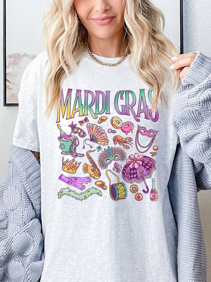 Mardi Gras Icons Collage Graphic Heavy Cotton Tee for wholesale by Pink Irene Wholesale