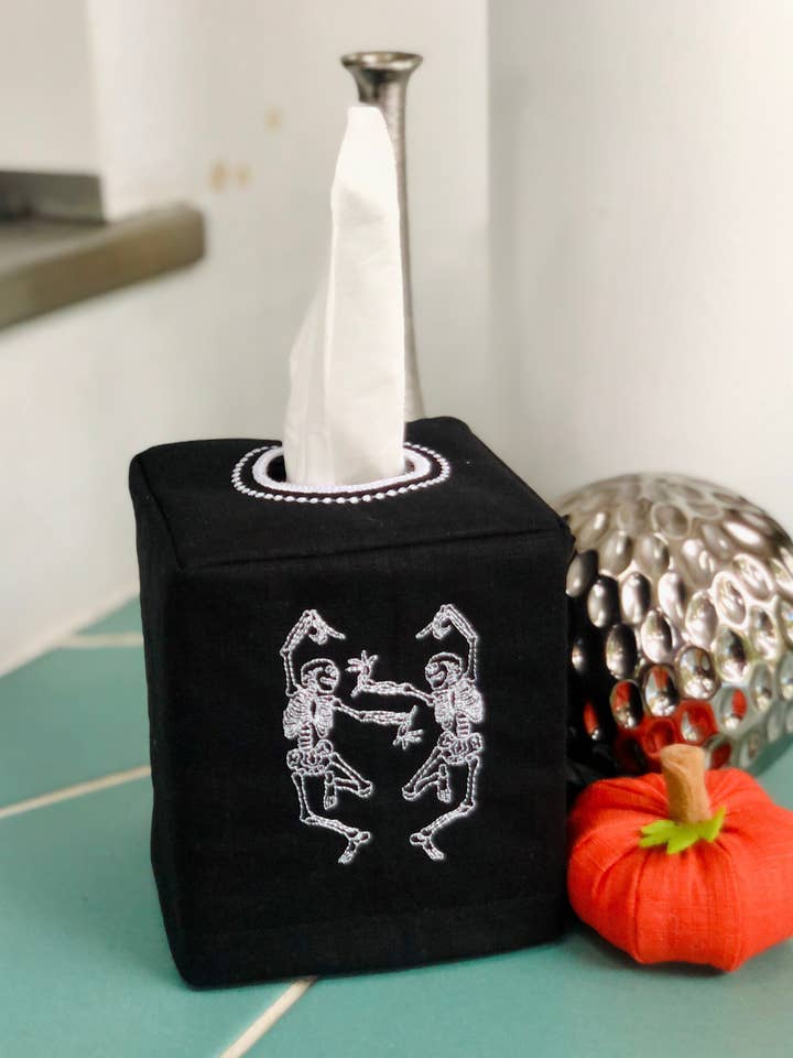 Skeleton Dance Halloween Linen Tissue Box Cover for wholesale by Belle Linen