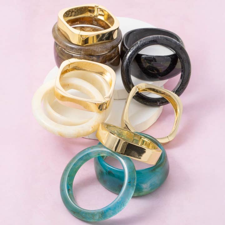 Wide Marble Resin And Metallic Square Hinge Bangle Bracelet Set for wholesale by The Looks by Fame Accessories