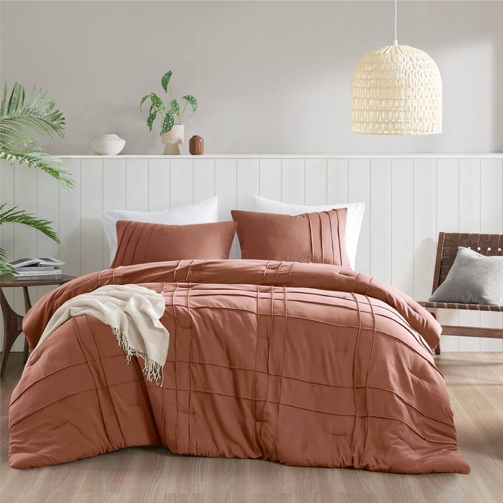 Grid Textured Soft Washed Pleated Comforter Set, Clay for wholesale by Olliix