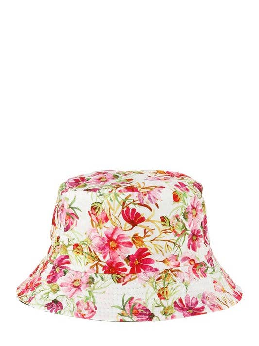 White & Pink Floral Print Summer Bucket Hat for wholesale by Trésor by Tanya