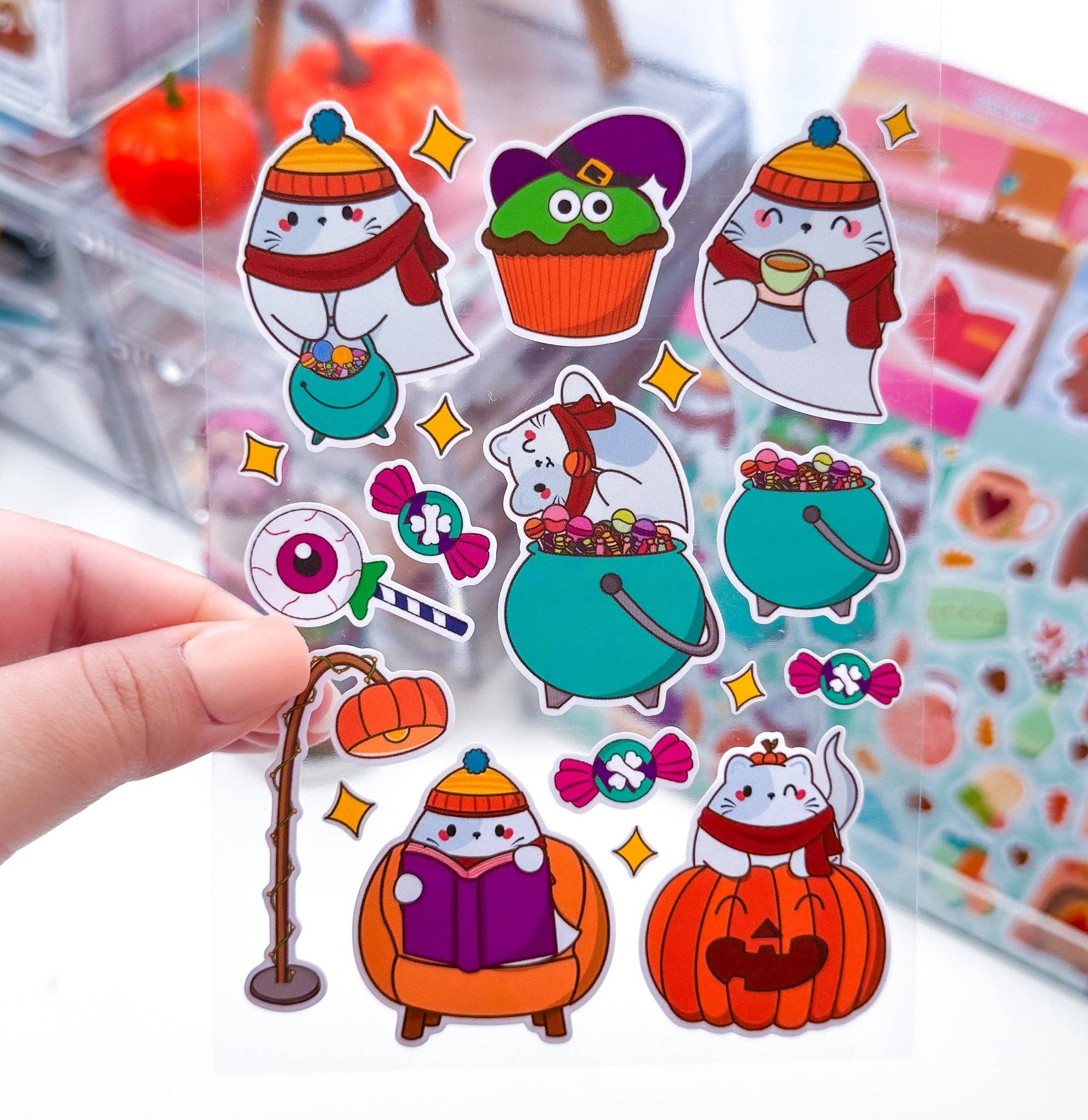 Pochistudios - Wholesale Sticker - Cozy Spooks Ghostie Chubbs Cat Vinyl Matte Sticker Sheet1