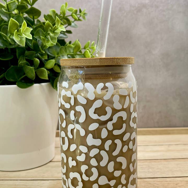 Glass Can Cup, Cheetah Print, Customized Metallic Gold Glass for wholesale by Designs & Crafts By Mo