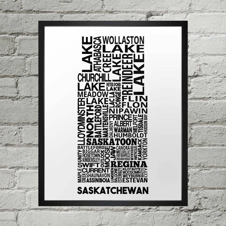 Saskatchewan Cities Typography Map Print for wholesale by Damon D Chan