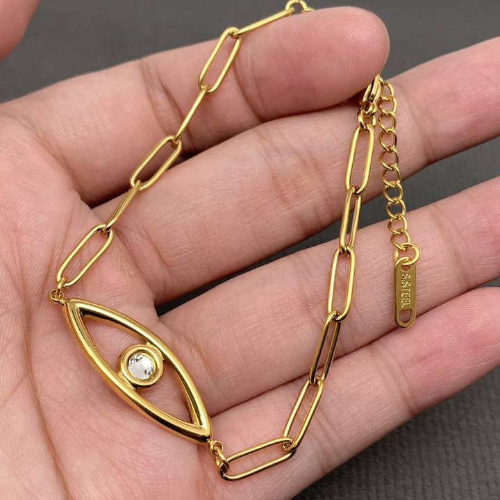 Mio Queena - Wholesale Charm/dangle bracelet - Zircon Inlaid Evil Eye 18K Gold Plated S.Steel Bracelet - FGS