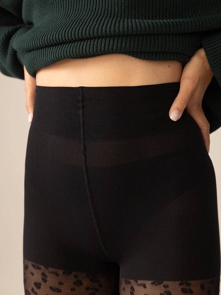 Rachel - Wholesale Tights - Women's - Mini Leopard Smoothing Waistband Tights in Black1