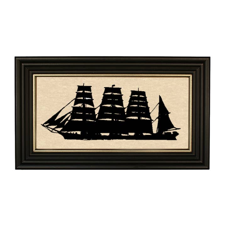 Silhouette vintage di nave cargo in carta ritagliata, 7" x 12" Silhouette vintage di nave cargo in carta ritagliata, 7"x12" per la vendita all'ingrosso da parte di Madison Bay Co. - Historical Home Decor Reproductions