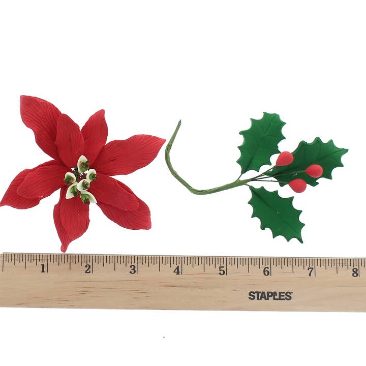 Global Sugar Art - Wholesale Cake/cupcake topper - Poinsettia Sugar Flower & Holly Leaf Spray Kit for Cakes, by Global Sugar Art, Small with Berries2