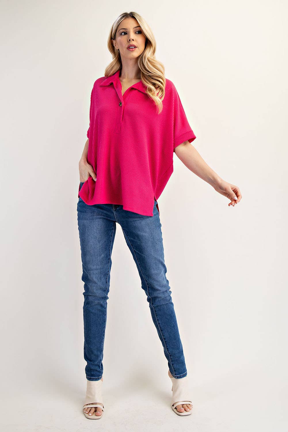 Celeste Clothing - Wholesale Knit Top - Women's - PLUS SIZE RIB KNIT COLLARED TOP WITH SHORT SLEEVES -CT239139