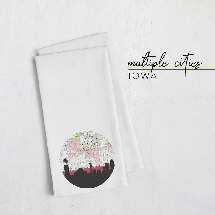 Iowa city skyline tea towel | Multiple cities for wholesale by Paperfinch Design