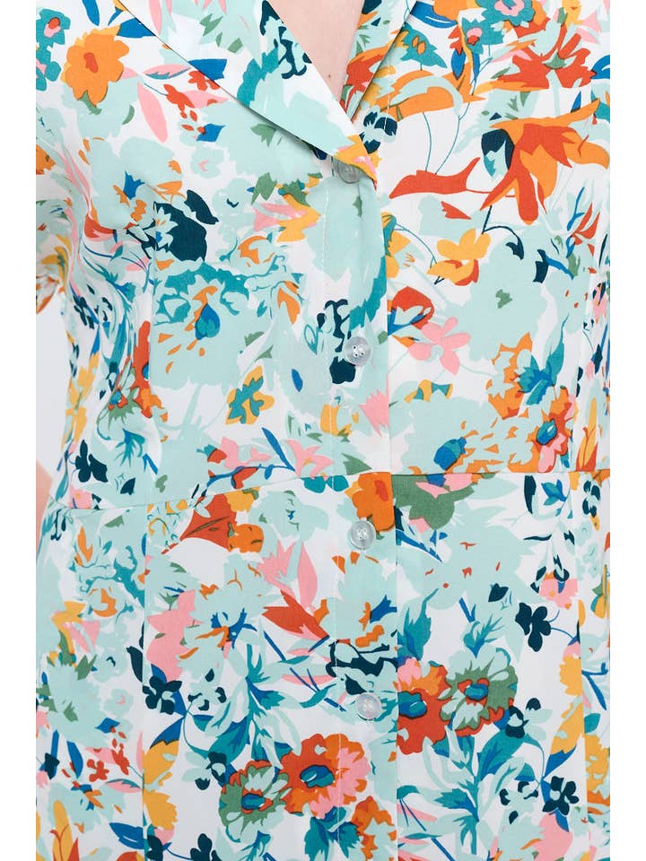 SM WARDROBE - Wholesale Dress - Women's - SPRING FLORAL PRINT BUTTON UP LIGHT GREEN DRESS WITH POCKETS