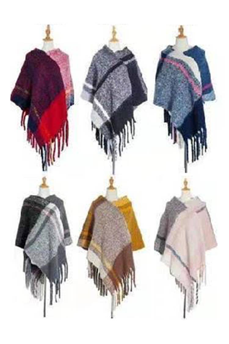 Artini Accessories - Wholesale Poncho - Women's - Soft Knit Large Plaid Design Winter Poncho Set1