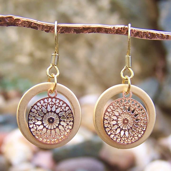 Gold & Silver Mandala Hoop Earrings for wholesale by Jo Bird Jewelry
