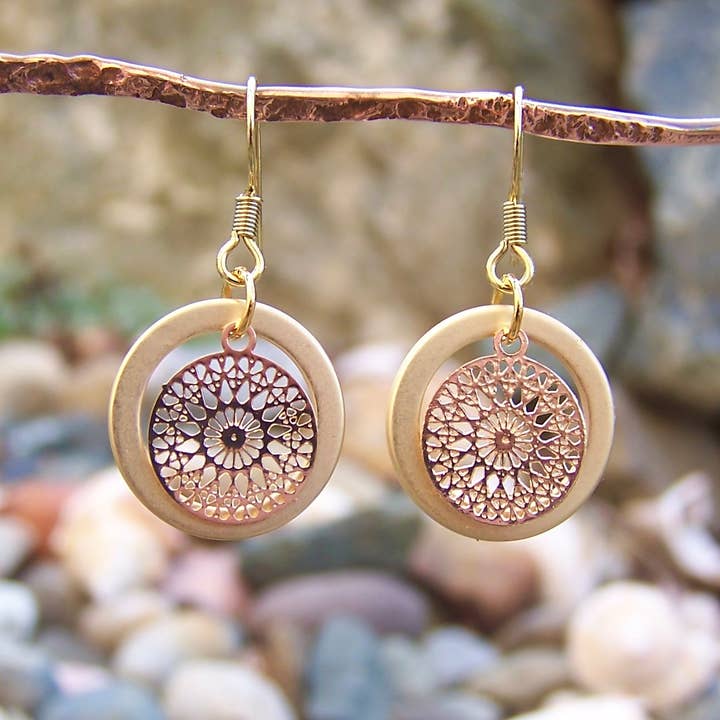 Gold & Silver Mandala Hoop Earrings for wholesale by Jo Bird Jewelry