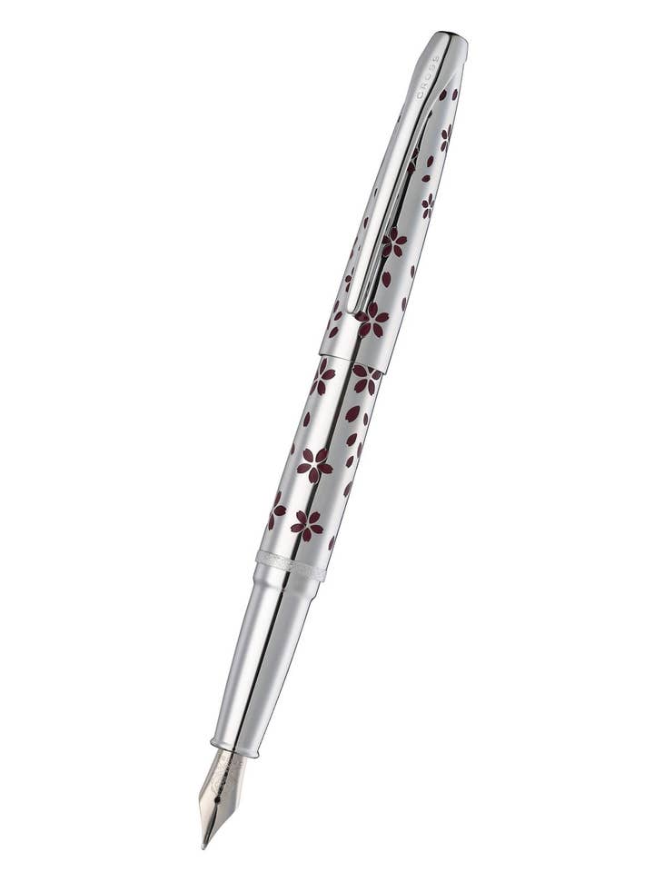 ATX® Cherry Blossom Polished Chrome with Polished Chrome Appointments and Chrome Plated Medium Nib Fountain Pen for wholesale by A. T. Cross