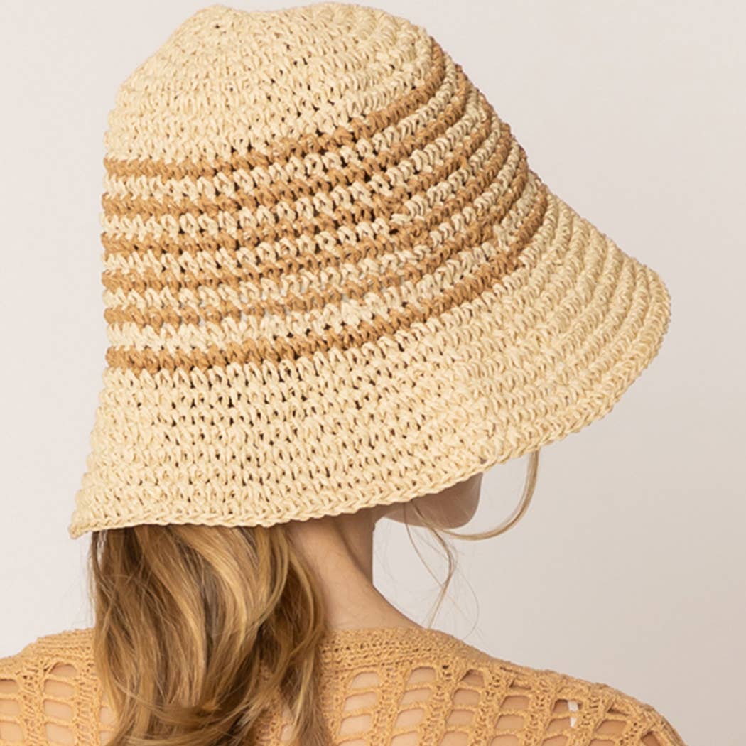 Fashion City - Wholesale Bucket Hat - Women's - Two Tone Stripe Straw Crochet Bucket Hat5