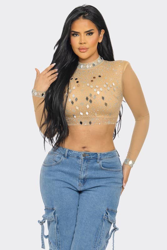 BANJUL - Vendita all'ingrosso Camicetta - Donna - BTS12881   Top Corto a Rete con Strass a Specchio Lucido0