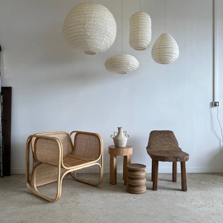 Office Objets - Venta al por mayor Lámpara de araña y colgante - Lámpara colgante media de ratán y lino natural estilo japonés ovalada y aplanada H30 D45