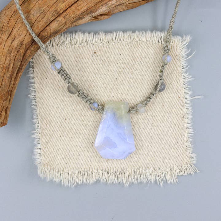 Blue Lace Agate Macrame Necklace - Handmade USA for wholesale by The Stitch Alliance