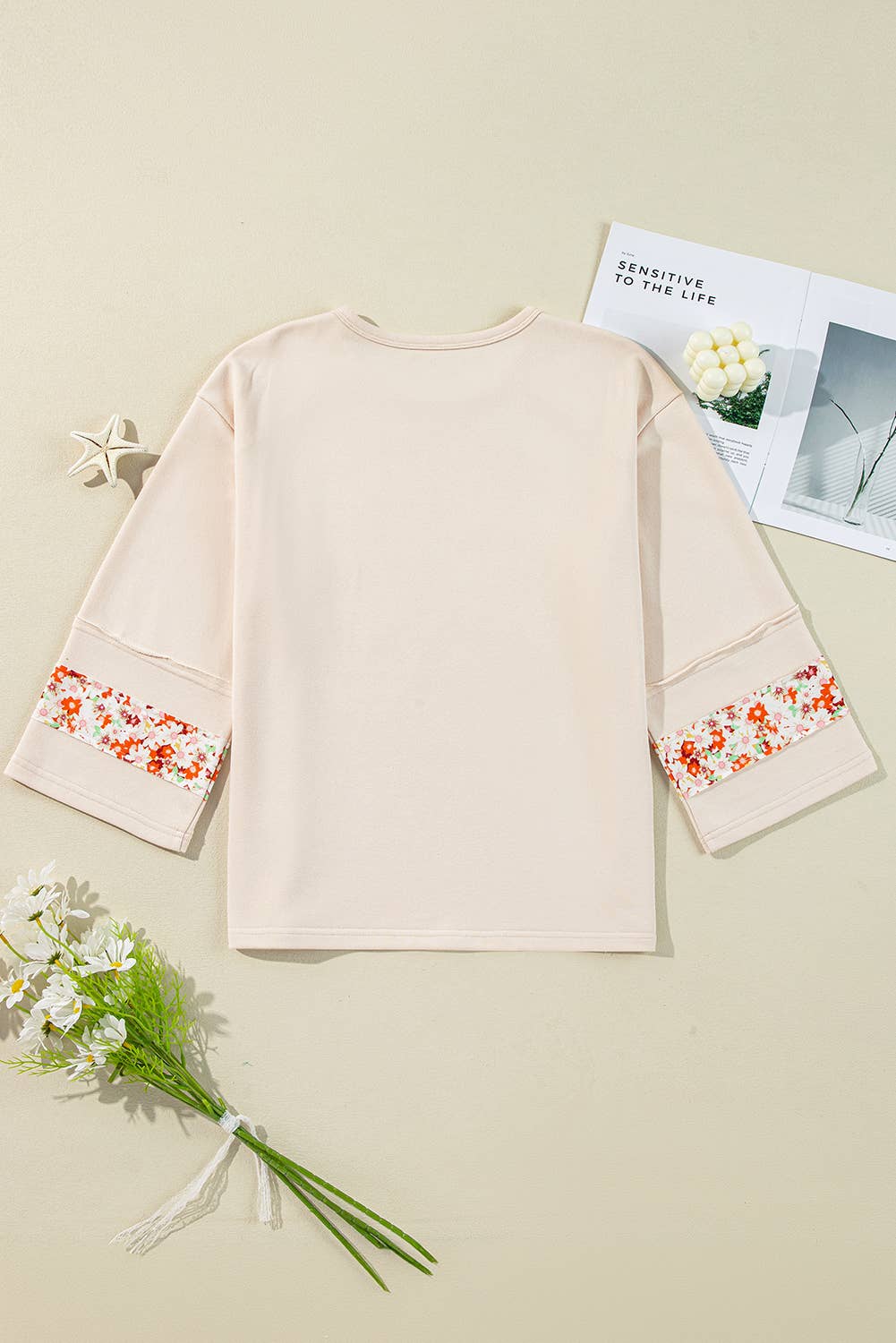 Beige Plus Size Flower Patched Side Slits Crewneck Top (S-4X) for wholesale on Faire5