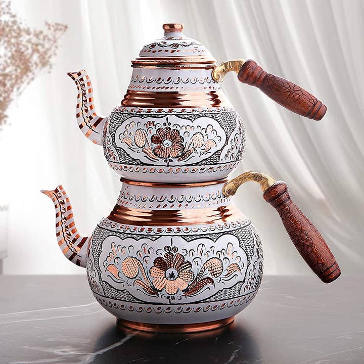 FairTurk – wholesale Tea pot – Handpainted White Color Copper Turkish Tea Pot