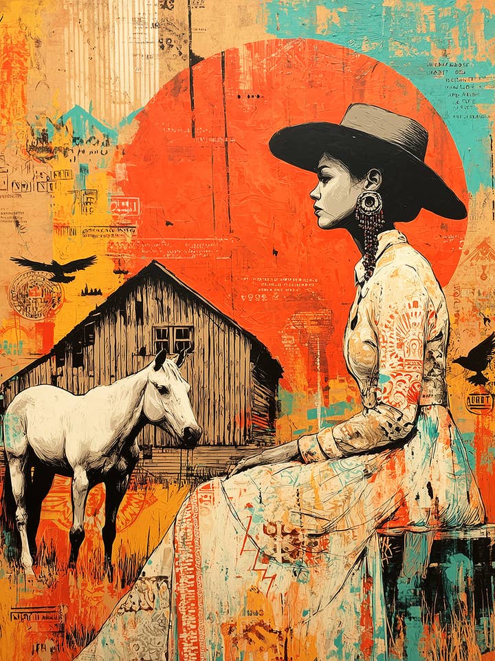Maggie en Contemplation Art Print - Cowgirls & Country Girls Œuvre 8"x10" pour Cadre 11"x14" pour la vente par Mowbi