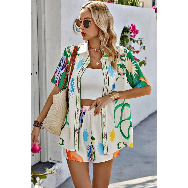 BEIGE GREEN Two Pieces Allover Print Elastic Waist Short Sets for wholesale on Faire