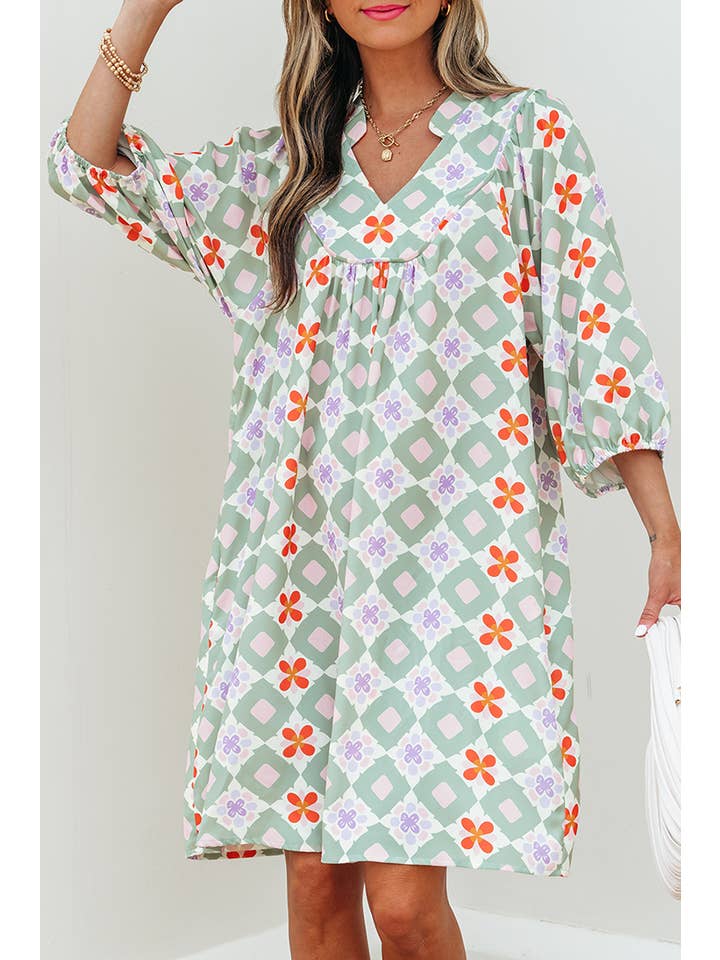 As shown Geometric Floral Print Notched Neck Mini Dress | S-XL for wholesale on Faire