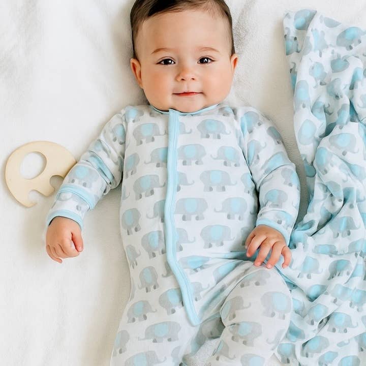 Blue Elephant Gift Set - Footie + Blanket + Teether for wholesale by Magnolia Baby