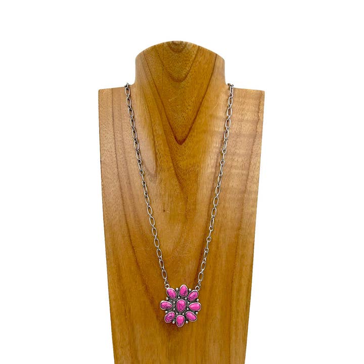 Western Elite Jewelry - Wholesale Pendant/Charm Necklace - NKY240125-02-GREEN 21 inches silver metal chain with green turquoise stone flower concho pendent Necklace2