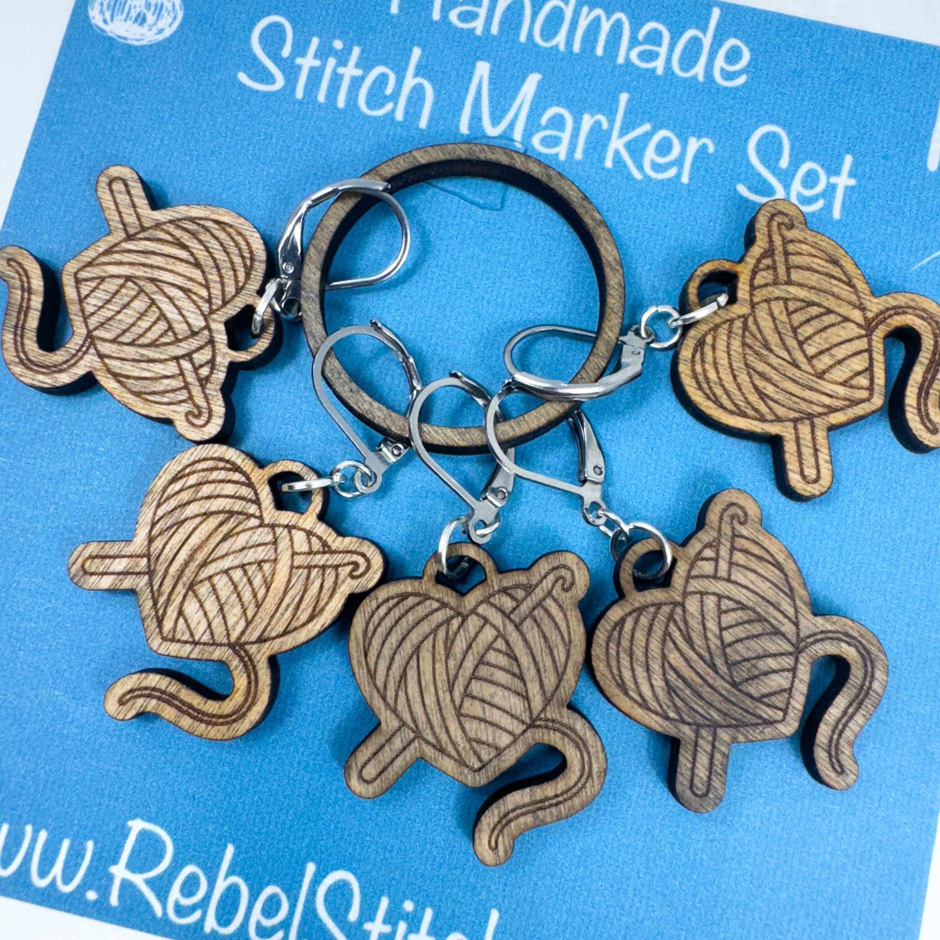 Art by Erica H & Rebel Stitchers - Wholesale Knitting/Crochet Supplies - Handmade Wooden Heart Ball of Yarn Stitch Marker9