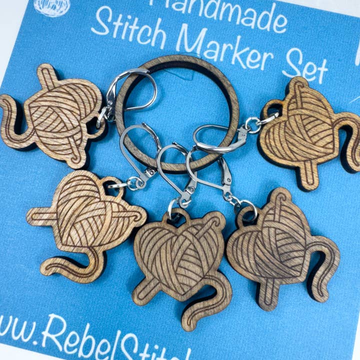 Art by Erica H & Rebel Stitchers - Wholesale Knitting/Crochet Supplies - Handmade Wooden Heart Ball of Yarn Stitch Marker9