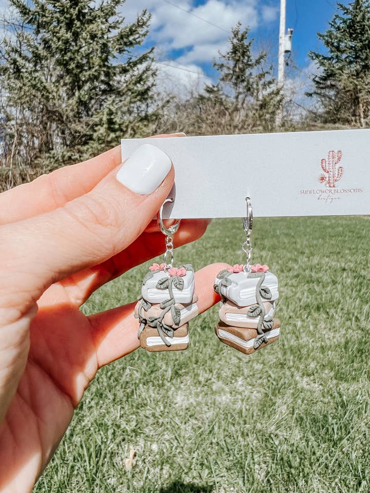 Cottagecore Book Dangle Earrings, Mystical Clay Earrings for wholesale by Sunflower Blossoms Boutique