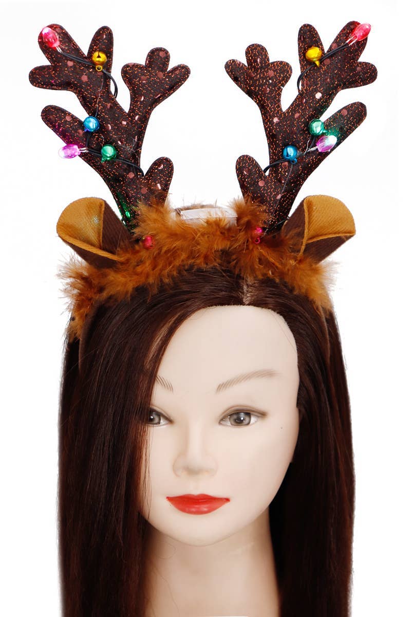 BROWN Reindeer Fuzzy Antler Led Light-up Hairband for wholesale on Faire2