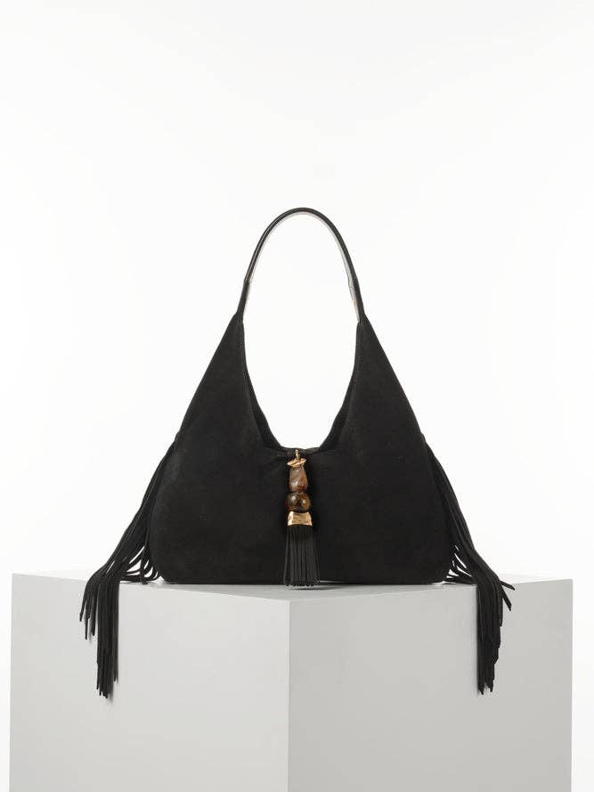 Paloma Black Suede Fringe Shoulder Bag for wholesale by Luella Grey London