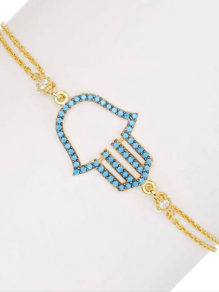 Silver Hamsa Bracelet 925 Sterling Adjustable 7+1 Inch Gold Plated Nano Turquoise & CZ Hamsa Center, Protective Girls Bracelet, Gift Boxed for wholesale by Dynasty Gold Jewelers, Inc.