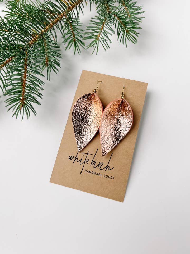 Rose Gold Leather Leaf Earrings for wholesale by Whitebirch Handmade Goods