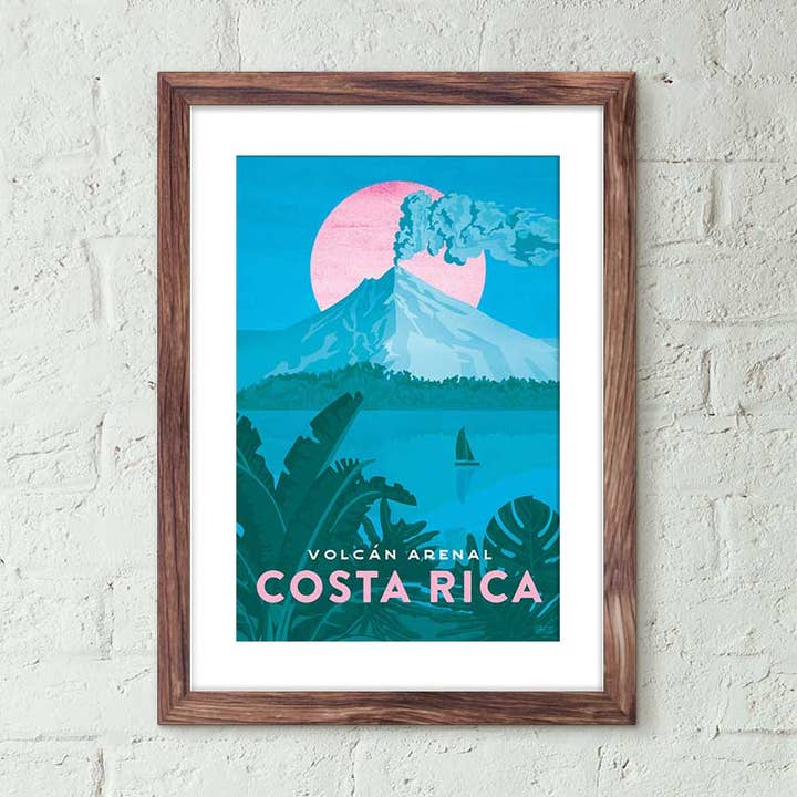 Costa Rica, volcan Arenal - Affiche de voyage de style vintage pour la vente par Missy Ames Design and Illustration