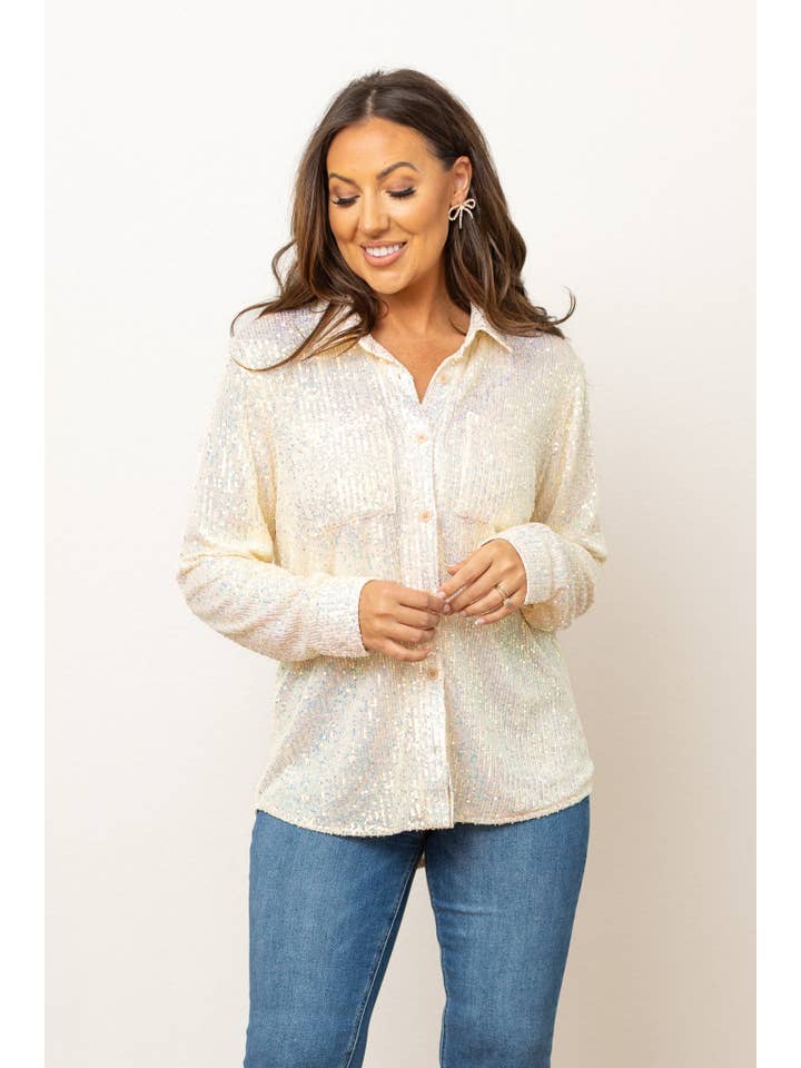 The Kathryn White Sequins Button Down for wholesale on Faire
