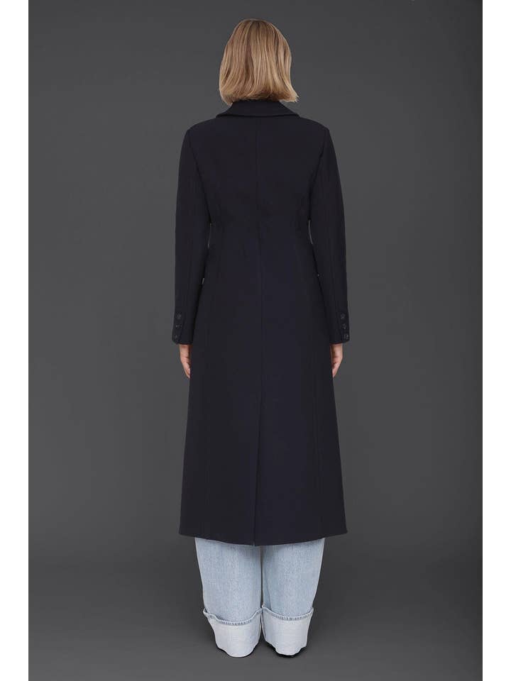 Navy Wool Blend Double Breasted Coat for wholesale on Faire5