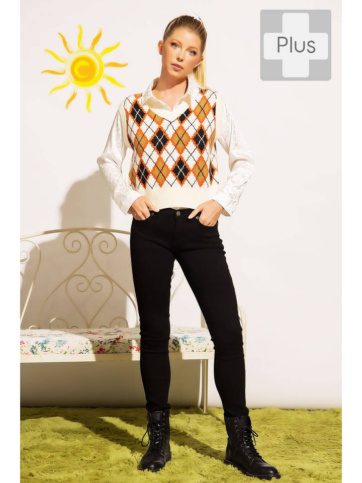 Sweet Generis - Vente Pull sans manches – femme - GILET COL EN V À MOTIF ARGYLE EN TRICOT ÉPAIS