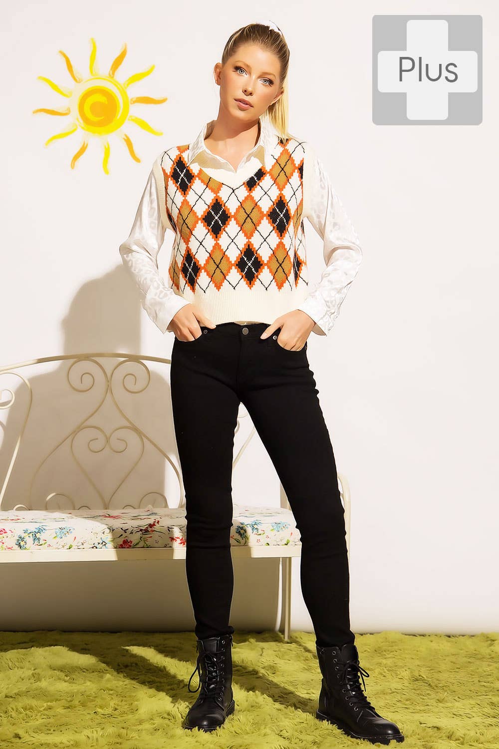 Sweet Generis – Großhandel Pullunder – Damen – PLUS GROBSTRICK-WESTE MIT ARGYLE-MUSTER UND V-AUSSCHNITT