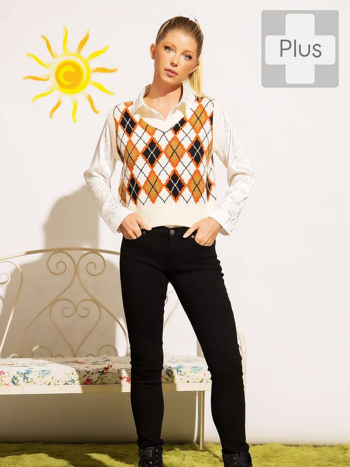 Sweet Generis - Venta al por mayor Chaleco de punto - Mujer - CHALECO CON CUELLO EN V Y PATRÓN DE ARGYLE DE PUNTO GRUESO8