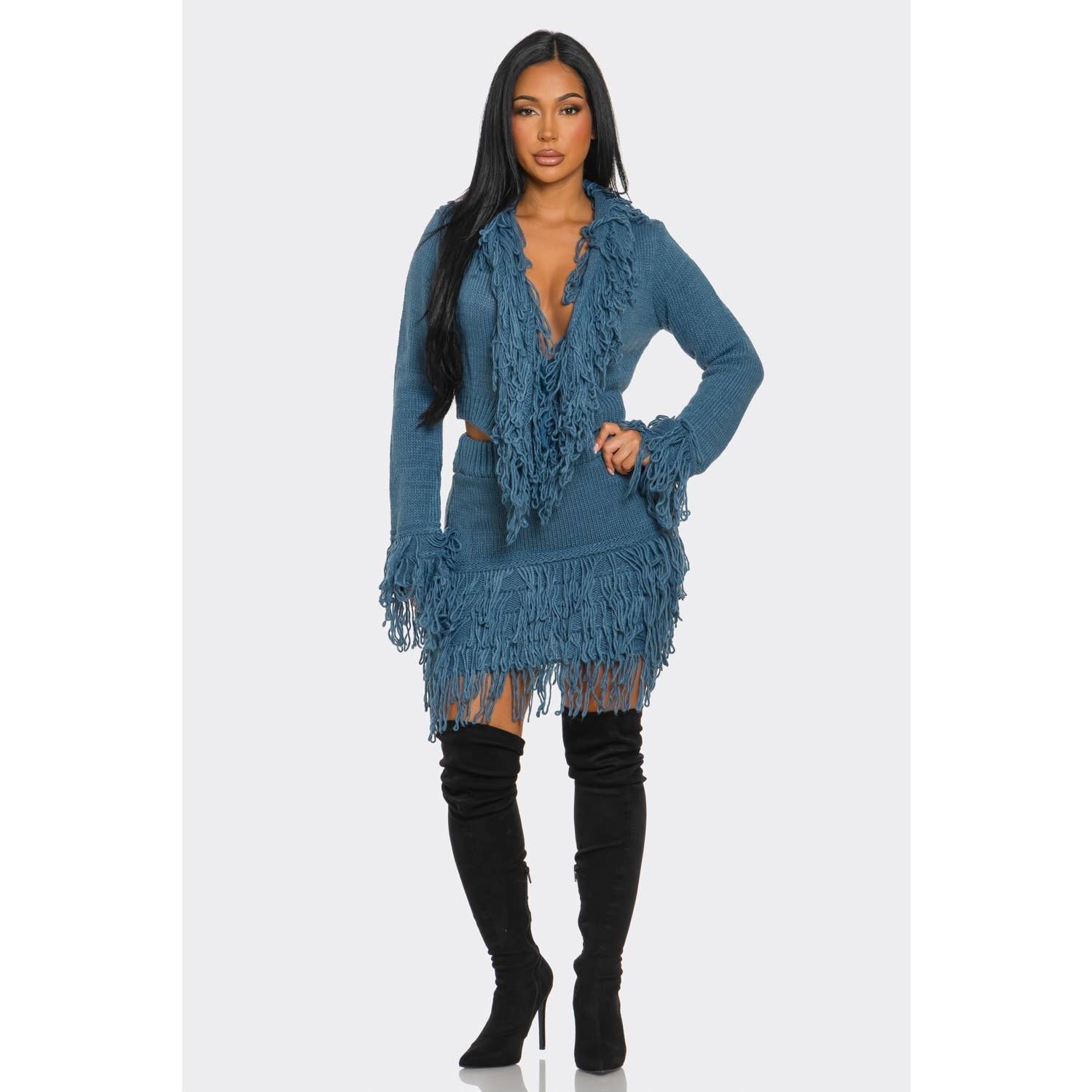 DORCAS - Wholesale Top & Skirt Set - Women's - Fringe Sweater Skirt Set1