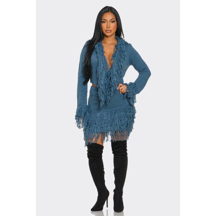 omgstyles - Wholesale Top & Skirt Set - Women's - Fringe Sweater Skirt Set1