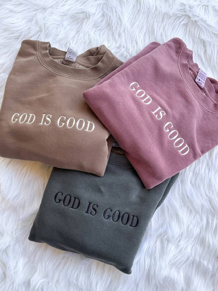 Wholehearted Motherhood and Co. - Wholesale Graphic Sweatshirt - Women's - God is Good Embroidered Sweatshirt - Christian Faith Graphic0