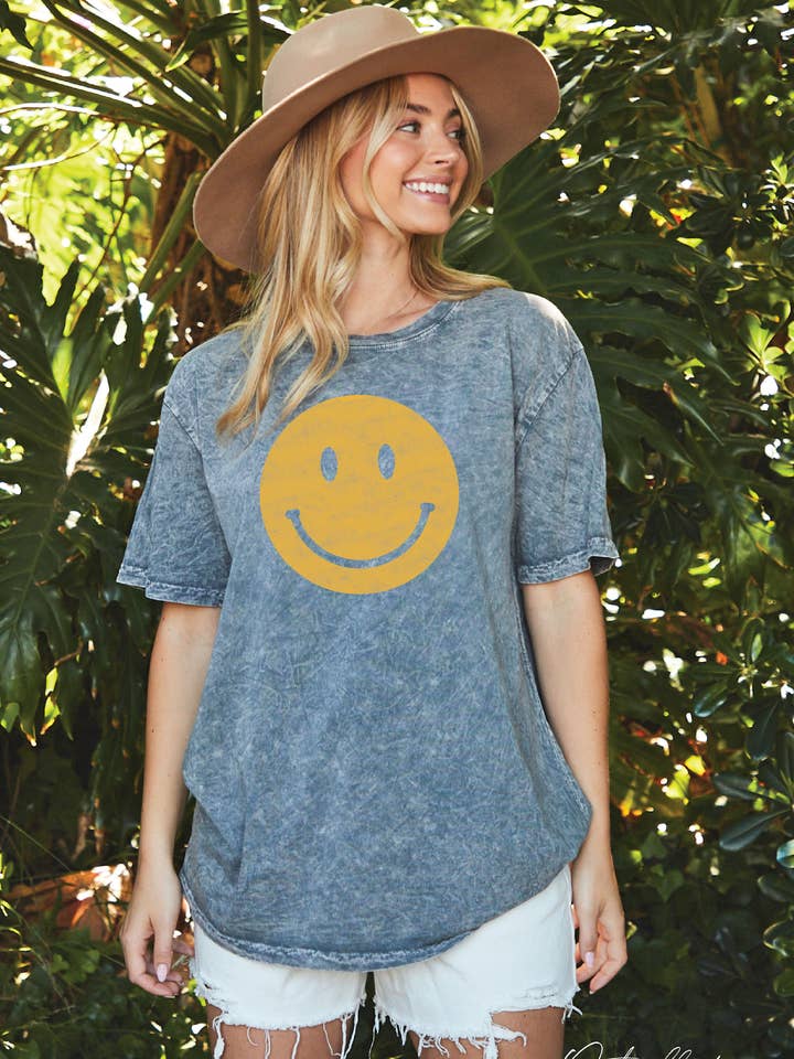 Smiley Face Mineral Washed Graphic Top for wholesale by OAT COLLECTIVE