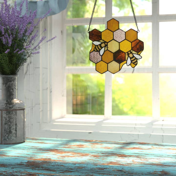 8.25"H Cassie Honeycomb Bees Stained Glass Window Panel for wholesale by River of Goods