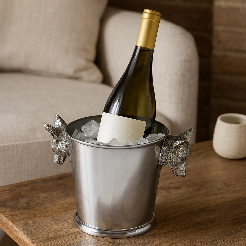 Corbell Silver - Wholesale Ice Bucket - Pewter Medium Size Ice Bucket with Large Fox Head Handles. SKU #: C1736.1